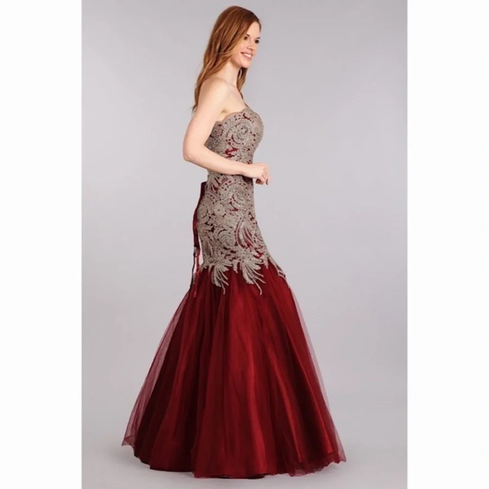 STRAPLESS Burgundy Gold Lace Mermaid Dress 1697 - Picture 4 of 7